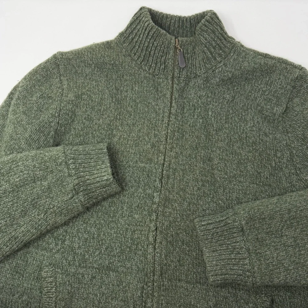 LL Bean Mens Lambswool Flannel Lined Full Zip Sweater Green Size Medium